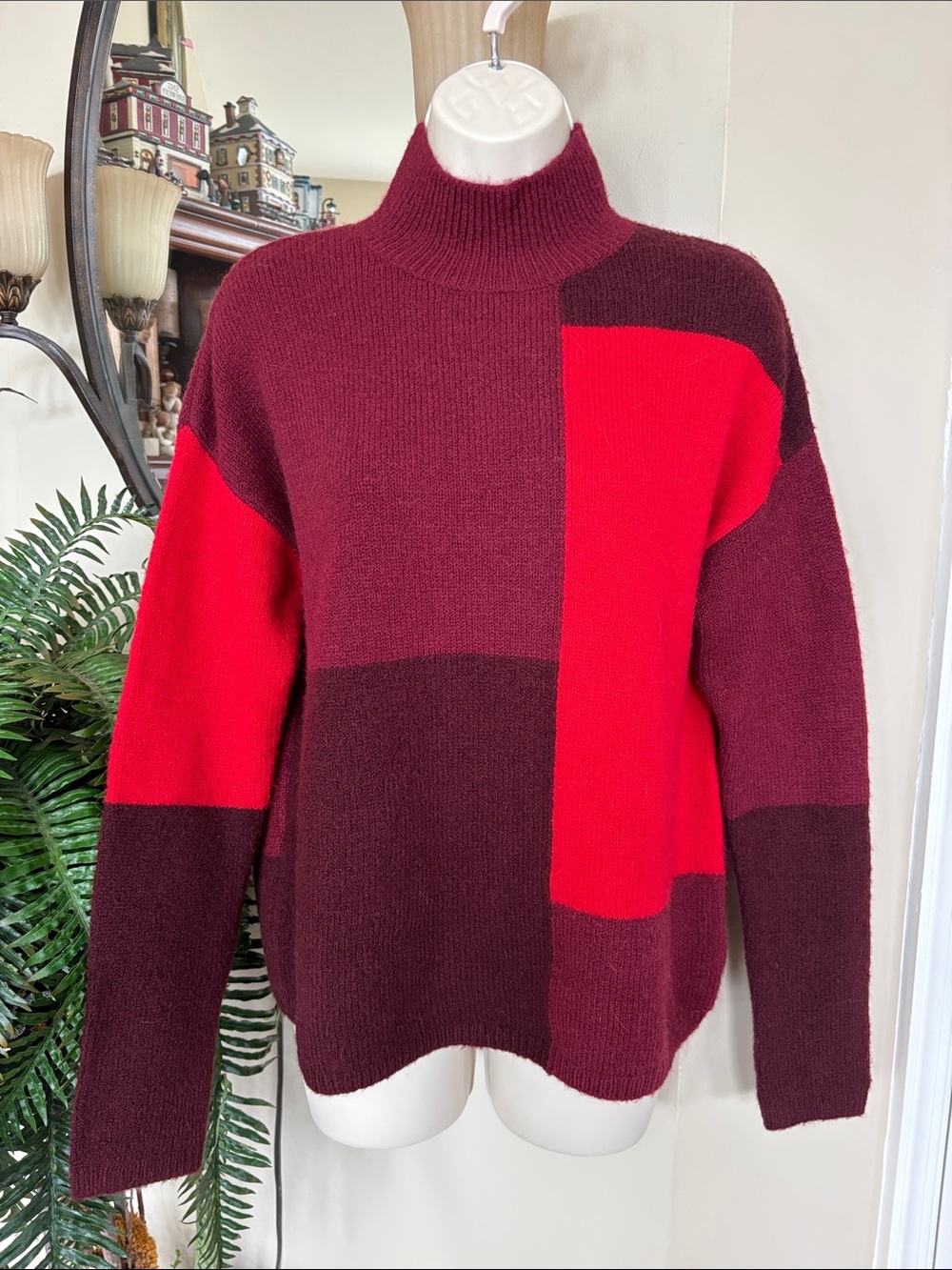 Cynthia Rowley Red Burgundy Colorblock Turtleneck Knit Sweater Merino Wool Blend